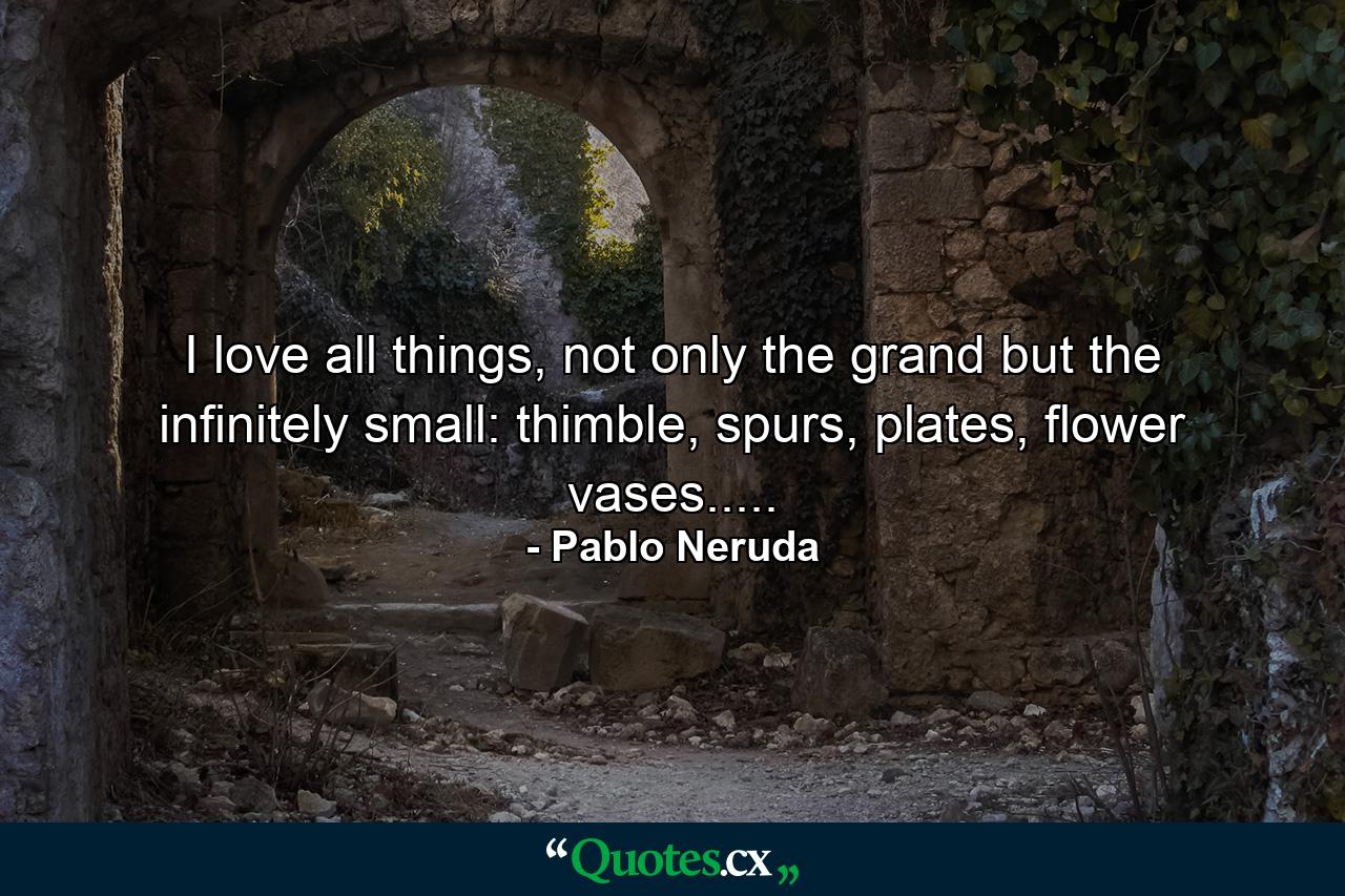 I love all things, not only the grand but the infinitely small: thimble, spurs, plates, flower vases..... - Quote by Pablo Neruda