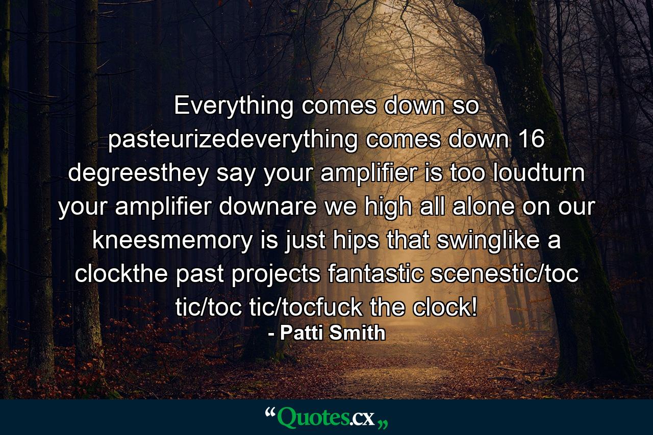 Everything comes down so pasteurizedeverything comes down 16 degreesthey say your amplifier is too loudturn your amplifier downare we high all alone on our kneesmemory is just hips that swinglike a clockthe past projects fantastic scenestic/toc tic/toc tic/tocfuck the clock! - Quote by Patti Smith