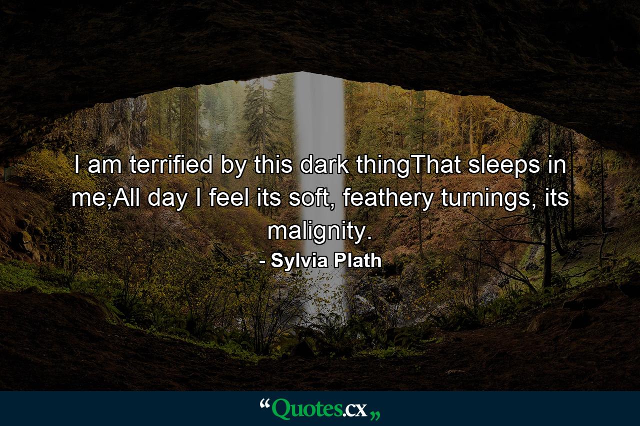 I am terrified by this dark thingThat sleeps in me;All day I feel its soft, feathery turnings, its malignity. - Quote by Sylvia Plath