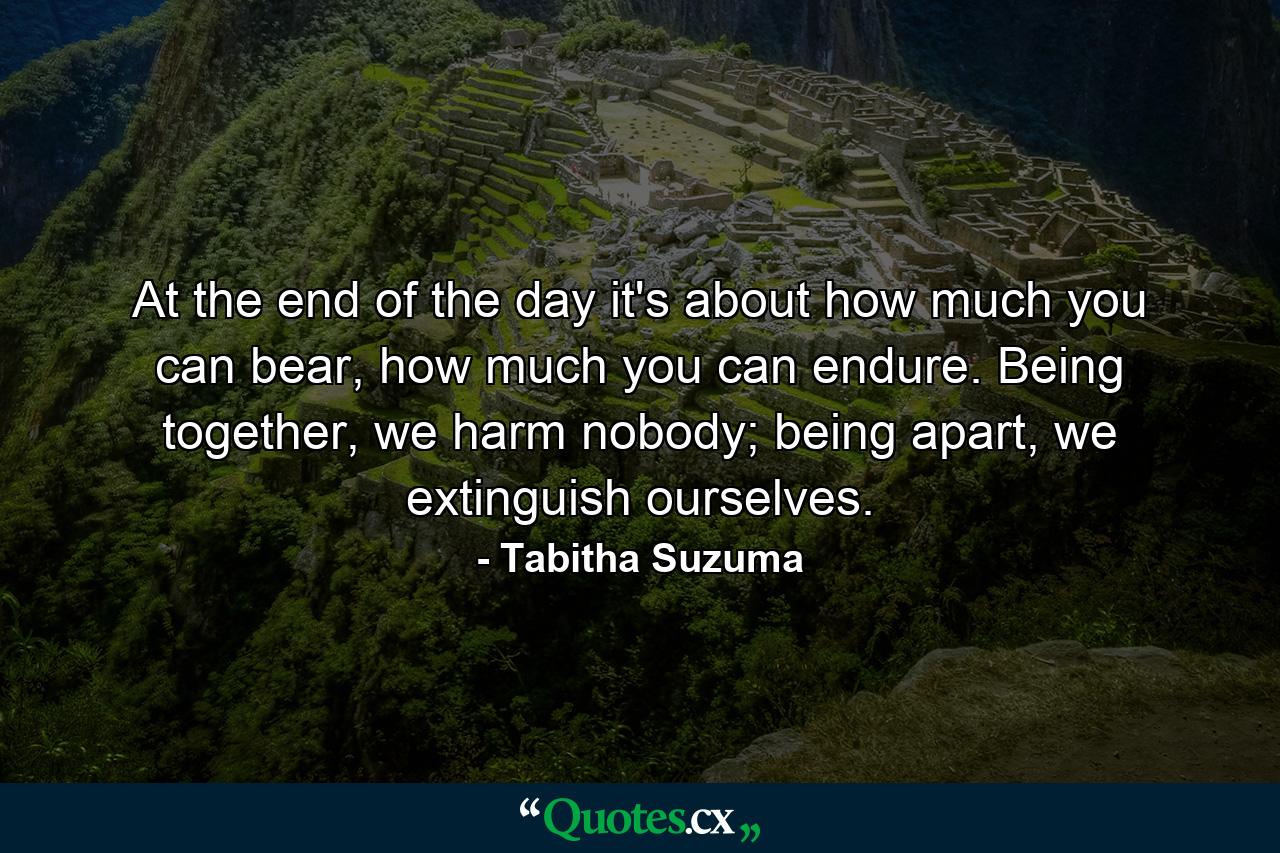 At the end of the day it's about how much you can bear, how much you can endure. Being together, we harm nobody; being apart, we extinguish ourselves. - Quote by Tabitha Suzuma