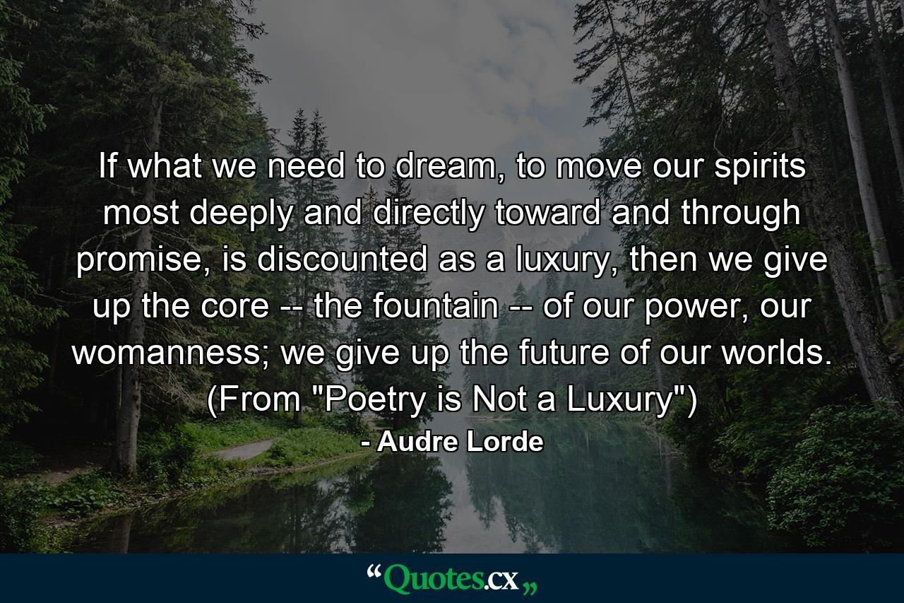 If what we need to dream, to move our spirits most deeply and directly toward and through promise, is discounted as a luxury, then we give up the core -- the fountain -- of our power, our womanness; we give up the future of our worlds. (From 