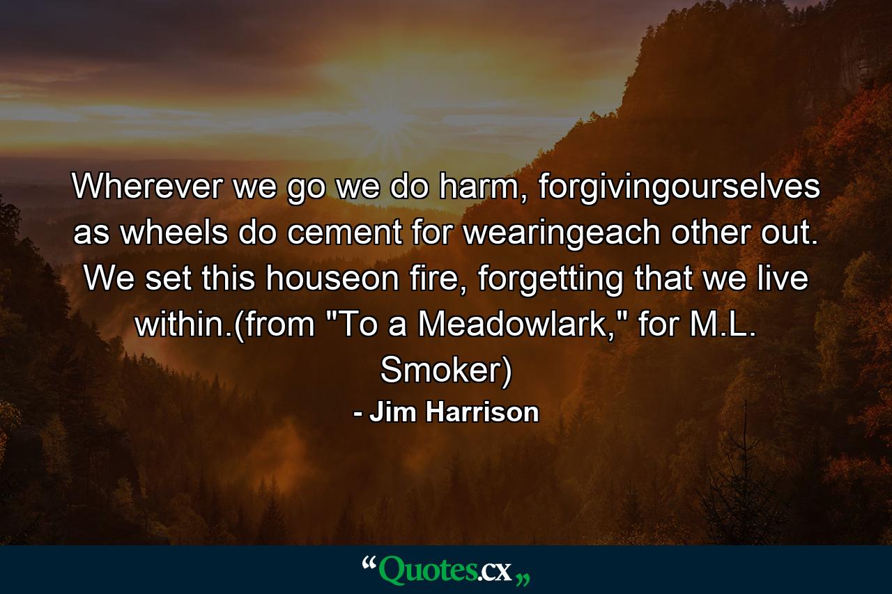 Wherever we go we do harm, forgivingourselves as wheels do cement for wearingeach other out. We set this houseon fire, forgetting that we live within.(from 