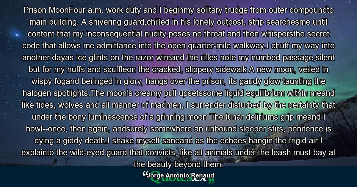 Prison MoonFour a.m. work duty and I beginmy solitary trudge from outer compoundto main building. A shivering guard,chilled in his lonely outpost, strip searchesme until content that my inconsequential nudity.poses no threat and then whispersthe secret code that allows me admittance into the open quarter-mile walkway.I chuff my way into another dayas ice glints on the razor wireand the rifles note my numbed passage,silent but for my huffs and scuffleon the cracked, slippery sidewalk A new moon, veiled in wispy fogand beringed in glory, hangs over the prison, its gaudy glow taunting the halogen spotlights.The moon’s creamy pull upsetssome liquid equilibrium within meand like tides, wolves and all manner of madmen, I surrender disturbed by the certainty that under the bony luminescence of a grinning moon The lunar deliriums grip meand I howl--once, then again, andsurely somewhere an unbound sleeper stirs, penitence is dying a giddy death.I shake myself saneand as the echoes hangin the frigid air I explainto the wild-eyed guard that convicts, like all animals under the leash,must bay at the beauty beyond them. - Quote by Jorge Antonio Renaud