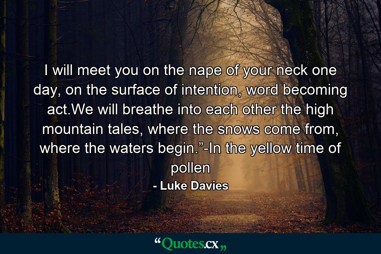 I will meet you on the nape of your neck one day, on the surface of intention, word becoming act.We will breathe into each other the high mountain tales, where the snows come from, where the waters begin.”-In the yellow time of pollen - Quote by Luke Davies