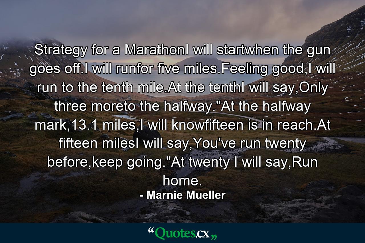 Strategy for a MarathonI will startwhen the gun goes off.I will runfor five miles.Feeling good,I will run to the tenth mile.At the tenthI will say,Only three moreto the halfway.