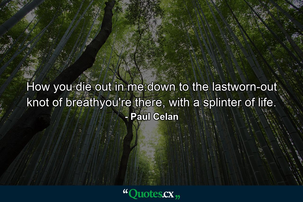 How you die out in me:down to the lastworn-out knot of breathyou're there, with a splinter of life. - Quote by Paul Celan