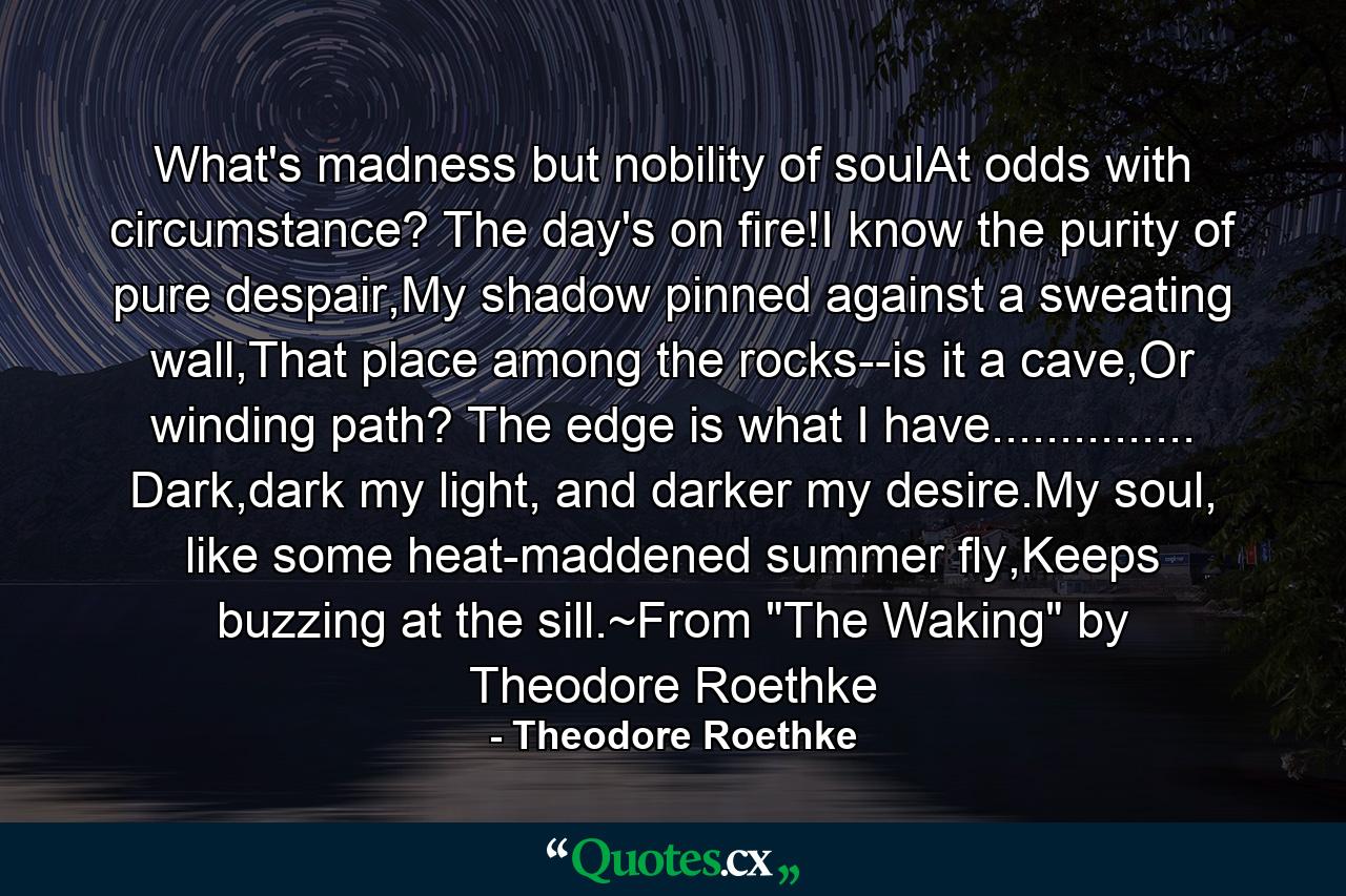 What's madness but nobility of soulAt odds with circumstance? The day's on fire!I know the purity of pure despair,My shadow pinned against a sweating wall,That place among the rocks--is it a cave,Or winding path? The edge is what I have............... Dark,dark my light, and darker my desire.My soul, like some heat-maddened summer fly,Keeps buzzing at the sill.~From 