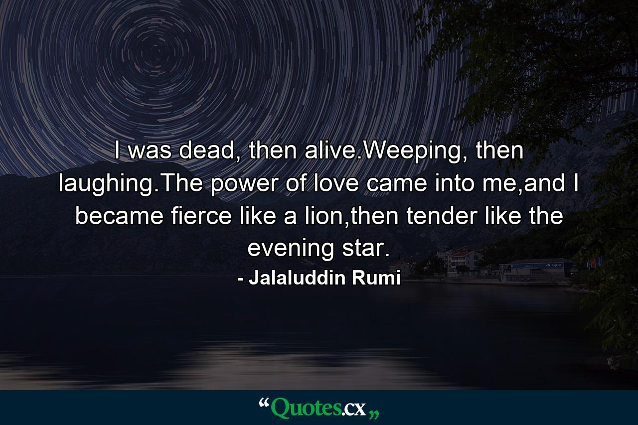 I was dead, then alive.Weeping, then laughing.The power of love came into me,and I became fierce like a lion,then tender like the evening star. - Quote by Jalaluddin Rumi