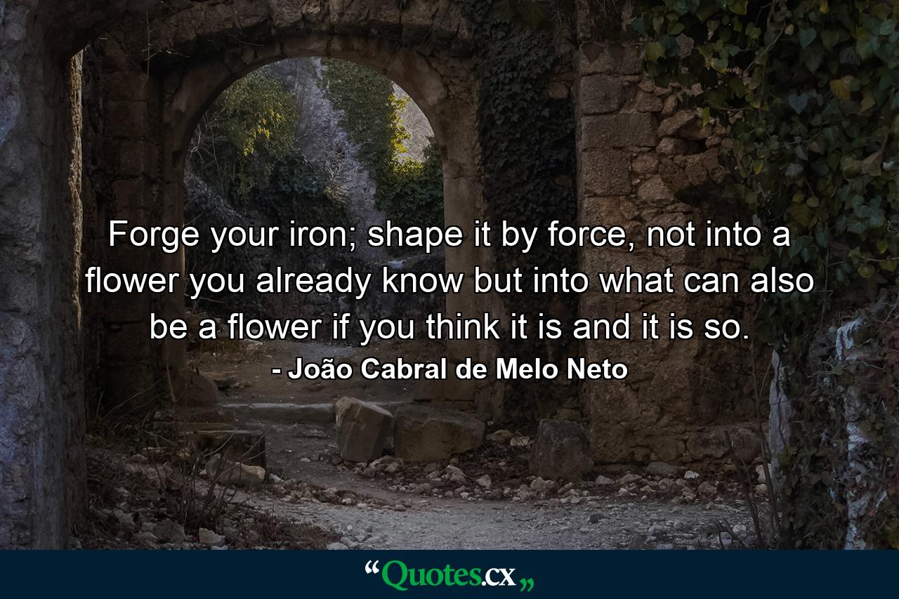 Forge your iron; shape it by force, not into a flower you already know but into what can also be a flower if you think it is and it is so. - Quote by João Cabral de Melo Neto