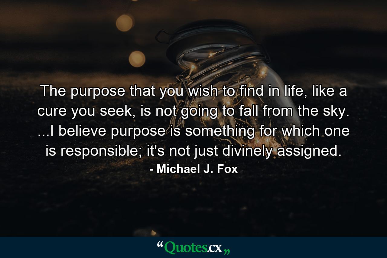 The purpose that you wish to find in life, like a cure you seek, is not going to fall from the sky. ...I believe purpose is something for which one is responsible; it's not just divinely assigned. - Quote by Michael J. Fox