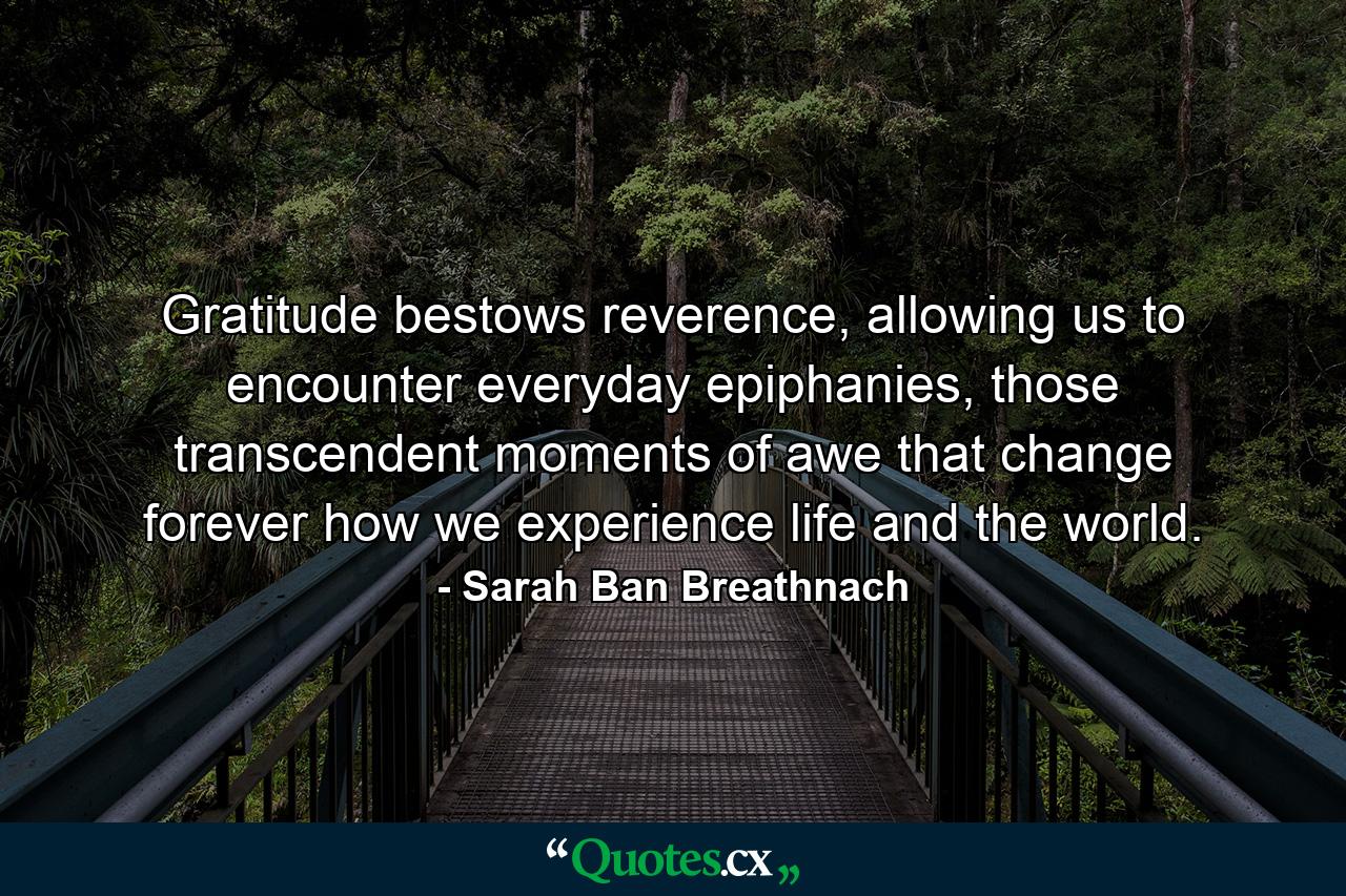 Gratitude bestows reverence, allowing us to encounter everyday epiphanies, those transcendent moments of awe that change forever how we experience life and the world. - Quote by Sarah Ban Breathnach