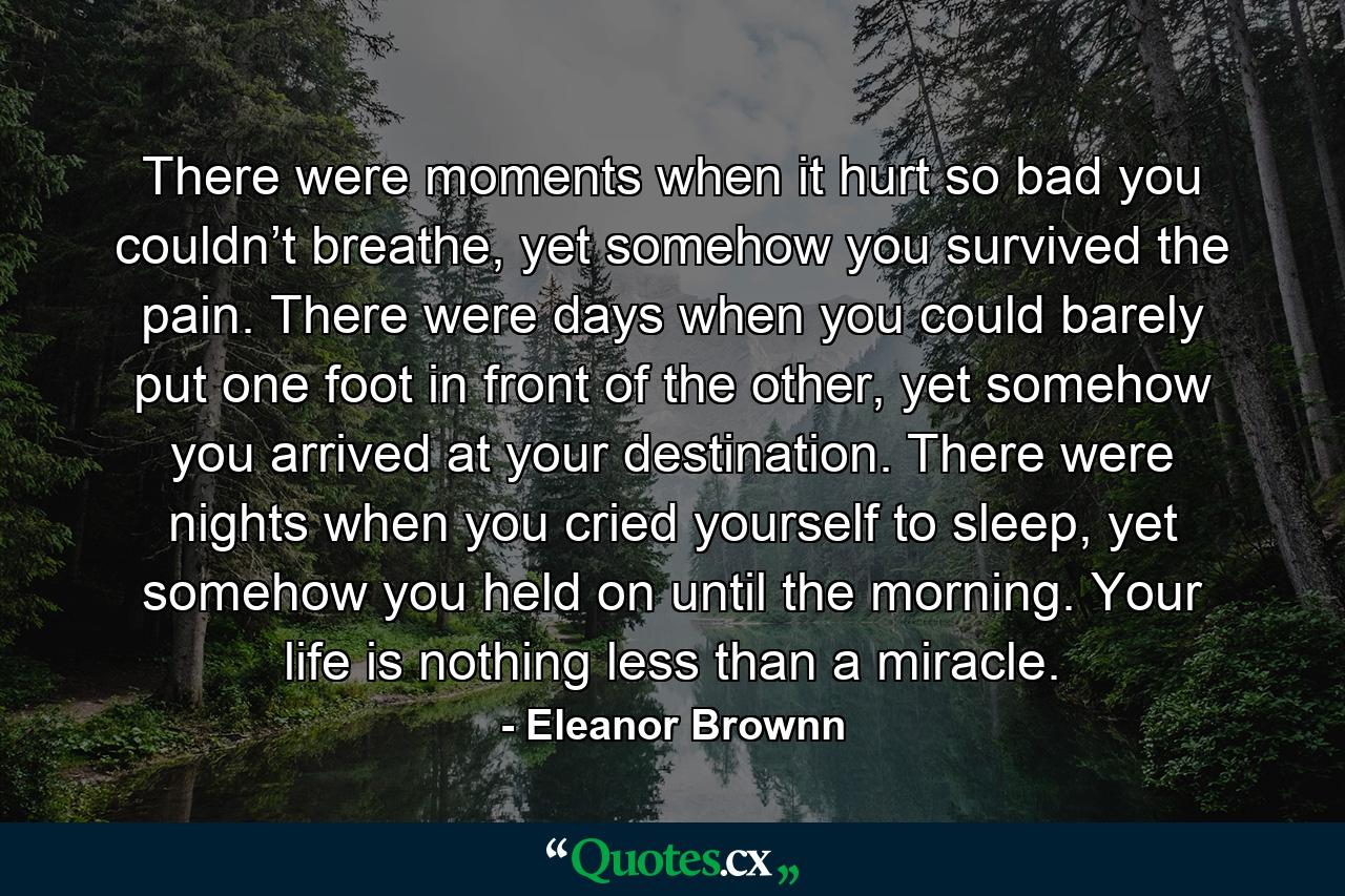 There were moments when it hurt so bad you couldn’t breathe, yet somehow you survived the pain. There were days when you could barely put one foot in front of the other, yet somehow you arrived at your destination. There were nights when you cried yourself to sleep, yet somehow you held on until the morning. Your life is nothing less than a miracle. - Quote by Eleanor Brownn