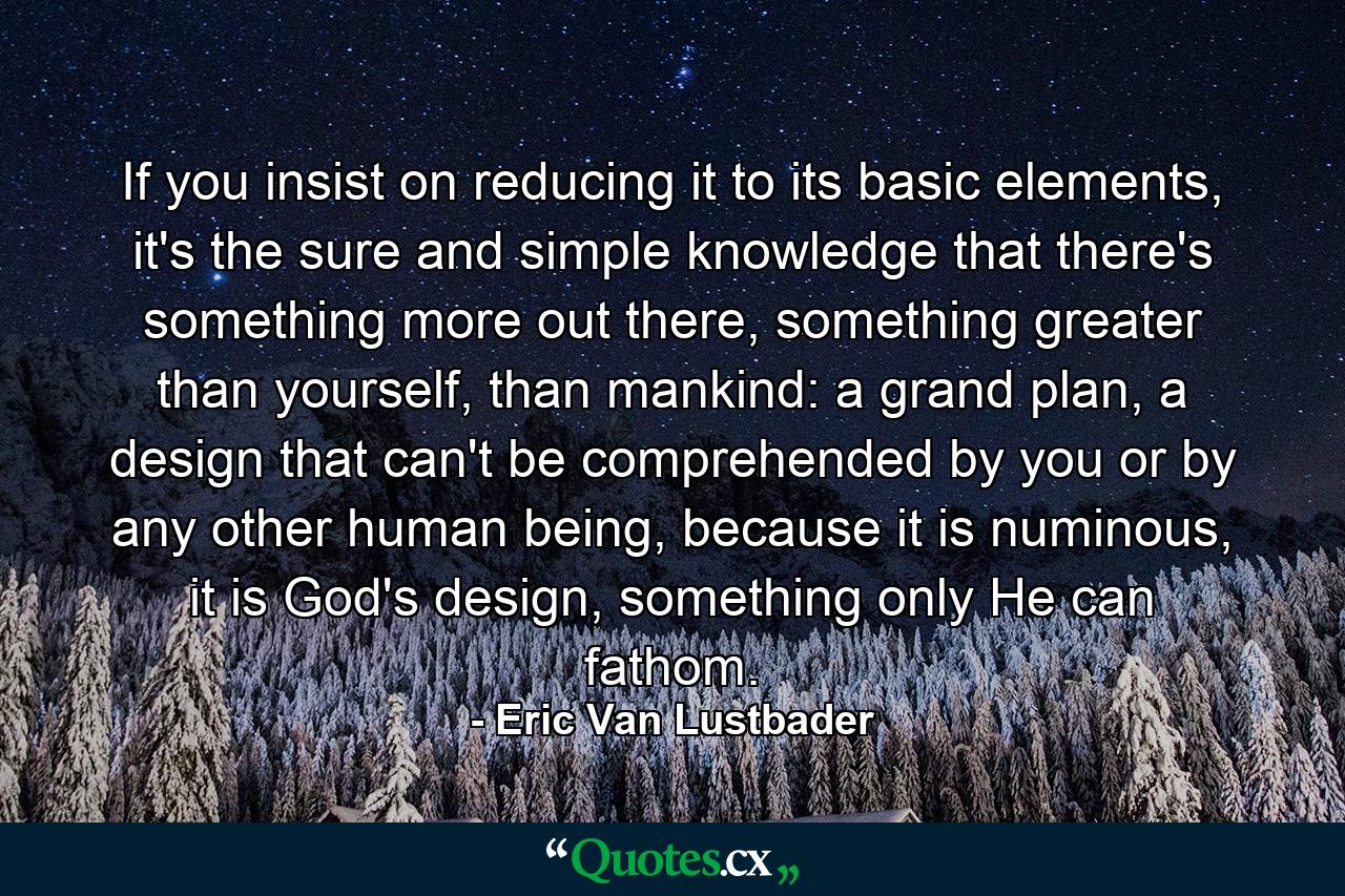 If you insist on reducing it to its basic elements, it's the sure and simple knowledge that there's something more out there, something greater than yourself, than mankind: a grand plan, a design that can't be comprehended by you or by any other human being, because it is numinous, it is God's design, something only He can fathom. - Quote by Eric Van Lustbader