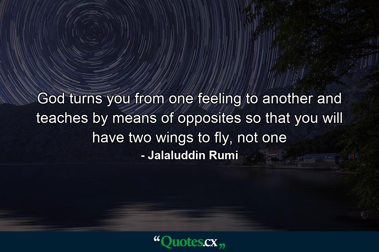 God turns you from one feeling to another and teaches by means of opposites so that you will have two wings to fly, not one - Quote by Jalaluddin Rumi