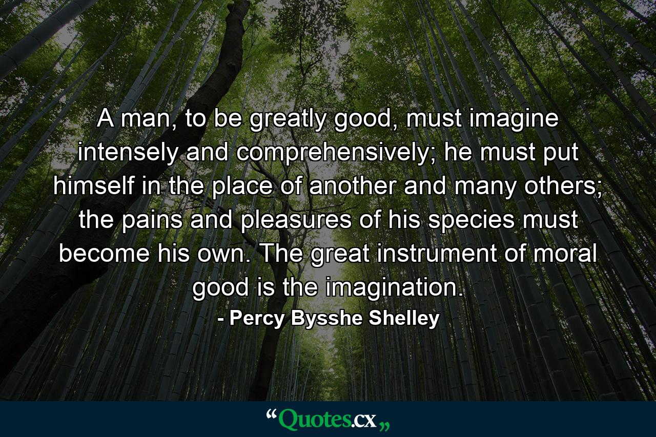 A man, to be greatly good, must imagine intensely and comprehensively; he must put himself in the place of another and many others; the pains and pleasures of his species must become his own. The great instrument of moral good is the imagination. - Quote by Percy Bysshe Shelley