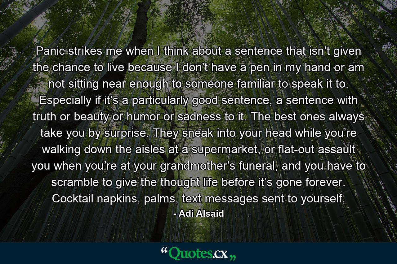 Panic strikes me when I think about a sentence that isn’t given the chance to live because I don’t have a pen in my hand or am not sitting near enough to someone familiar to speak it to. Especially if it’s a particularly good sentence, a sentence with truth or beauty or humor or sadness to it. The best ones always take you by surprise. They sneak into your head while you’re walking down the aisles at a supermarket, or flat-out assault you when you’re at your grandmother’s funeral, and you have to scramble to give the thought life before it’s gone forever. Cocktail napkins, palms, text messages sent to yourself. - Quote by Adi Alsaid