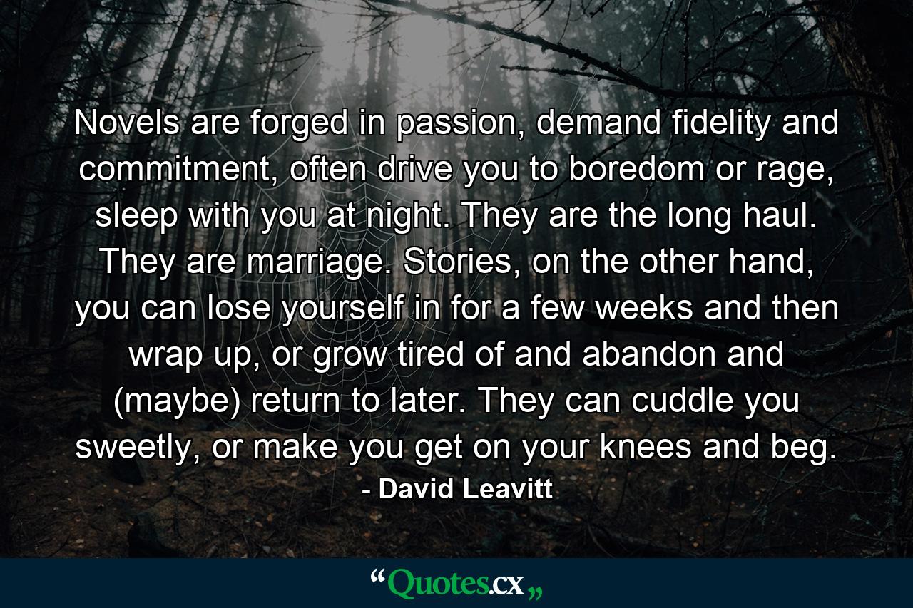 Novels are forged in passion, demand fidelity and commitment, often drive you to boredom or rage, sleep with you at night. They are the long haul. They are marriage. Stories, on the other hand, you can lose yourself in for a few weeks and then wrap up, or grow tired of and abandon and (maybe) return to later. They can cuddle you sweetly, or make you get on your knees and beg. - Quote by David Leavitt