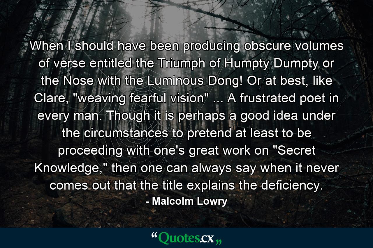 When I should have been producing obscure volumes of verse entitled the Triumph of Humpty Dumpty or the Nose with the Luminous Dong! Or at best, like Clare, 