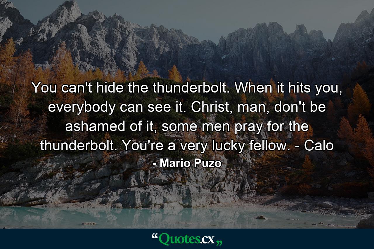 You can't hide the thunderbolt. When it hits you, everybody can see it. Christ, man, don't be ashamed of it, some men pray for the thunderbolt. You're a very lucky fellow. - Calo - Quote by Mario Puzo