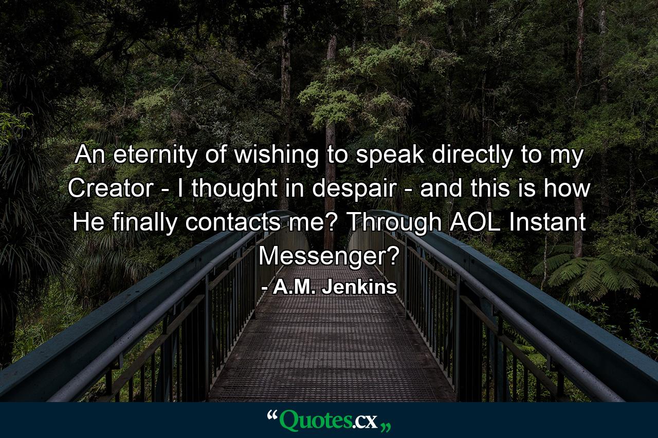 An eternity of wishing to speak directly to my Creator - I thought in despair - and this is how He finally contacts me? Through AOL Instant Messenger? - Quote by A.M. Jenkins