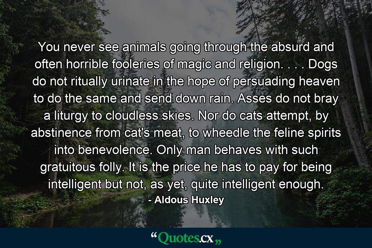 You never see animals going through the absurd and often horrible fooleries of magic and religion. . . . Dogs do not ritually urinate in the hope of persuading heaven to do the same and send down rain. Asses do not bray a liturgy to cloudless skies. Nor do cats attempt, by abstinence from cat's meat, to wheedle the feline spirits into benevolence. Only man behaves with such gratuitous folly. It is the price he has to pay for being intelligent but not, as yet, quite intelligent enough. - Quote by Aldous Huxley