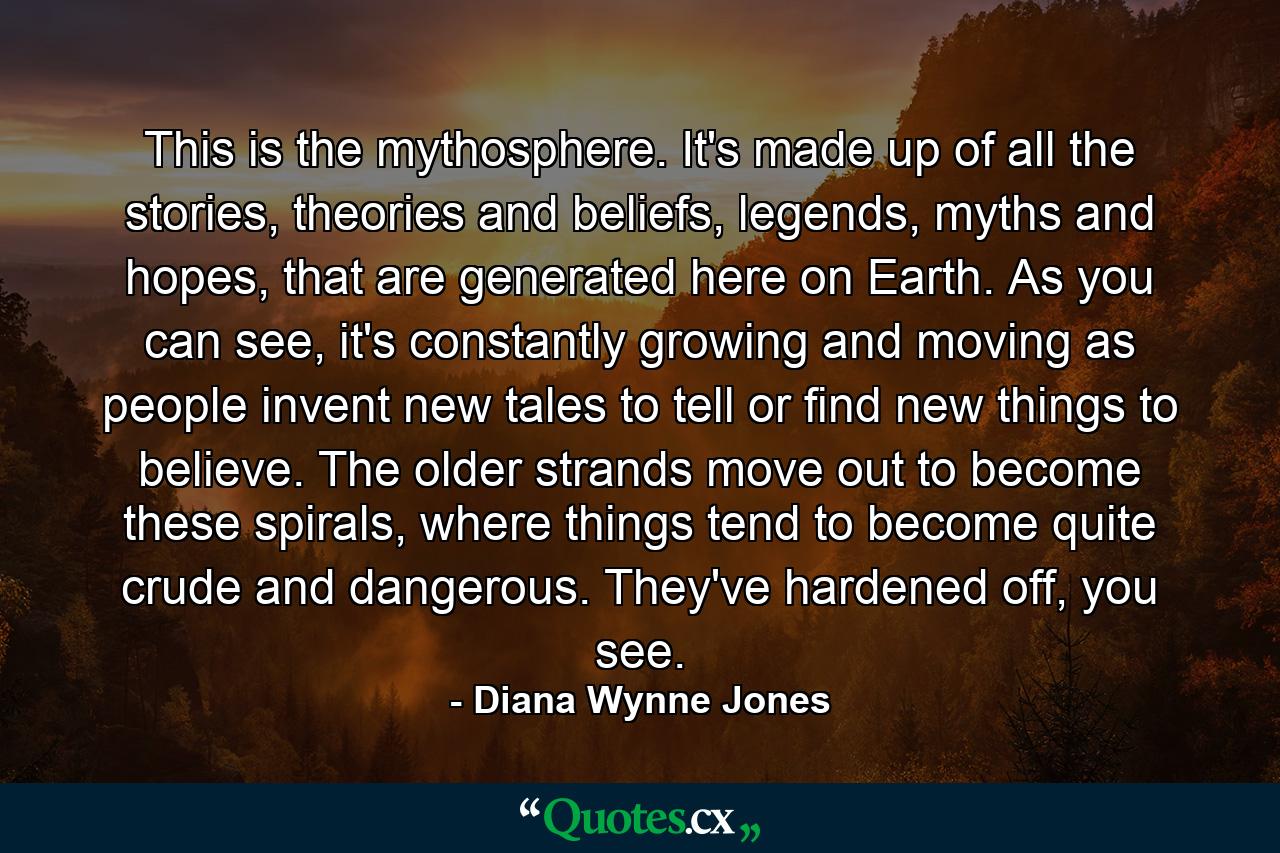 This is the mythosphere. It's made up of all the stories, theories and beliefs, legends, myths and hopes, that are generated here on Earth. As you can see, it's constantly growing and moving as people invent new tales to tell or find new things to believe. The older strands move out to become these spirals, where things tend to become quite crude and dangerous. They've hardened off, you see. - Quote by Diana Wynne Jones