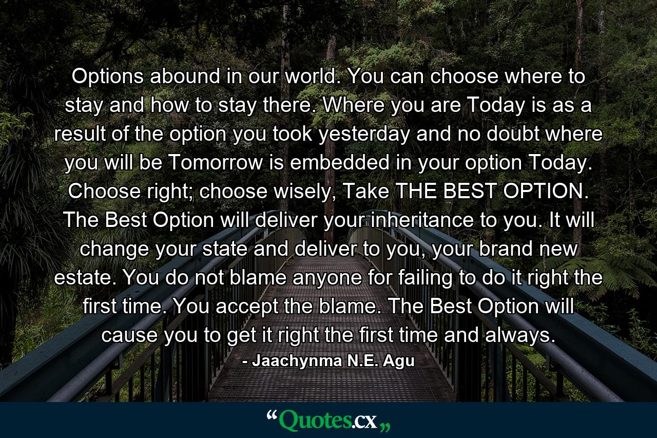 Options abound in our world. You can choose where to stay and how to stay there. Where you are Today is as a result of the option you took yesterday and no doubt where you will be Tomorrow is embedded in your option Today. Choose right; choose wisely, Take THE BEST OPTION. The Best Option will deliver your inheritance to you. It will change your state and deliver to you, your brand new estate. You do not blame anyone for failing to do it right the first time. You accept the blame. The Best Option will cause you to get it right the first time and always. - Quote by Jaachynma N.E. Agu