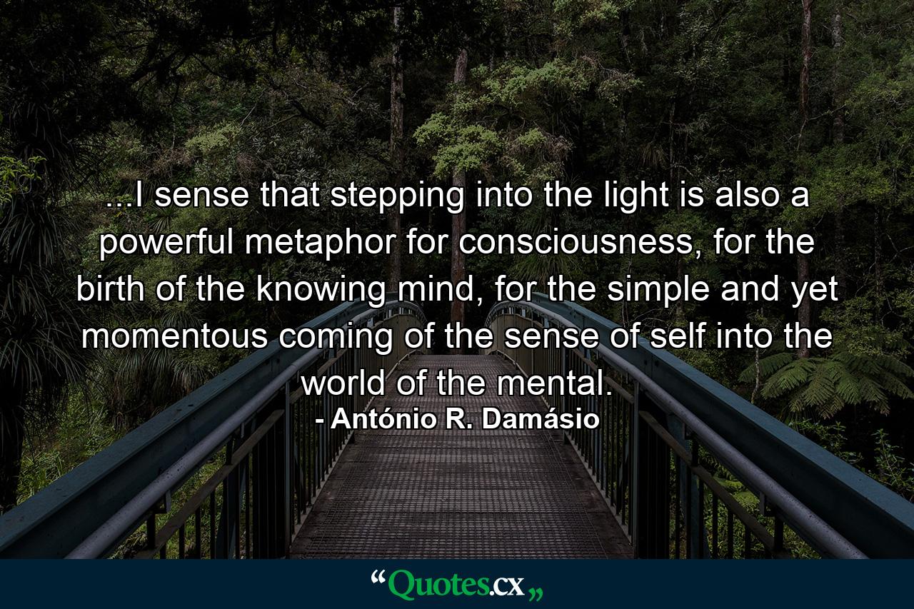 ...I sense that stepping into the light is also a powerful metaphor for consciousness, for the birth of the knowing mind, for the simple and yet momentous coming of the sense of self into the world of the mental. - Quote by António R. Damásio