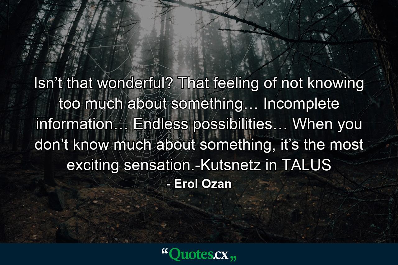 Isn’t that wonderful? That feeling of not knowing too much about something… Incomplete information… Endless possibilities… When you don’t know much about something, it’s the most exciting sensation.-Kutsnetz in TALUS - Quote by Erol Ozan