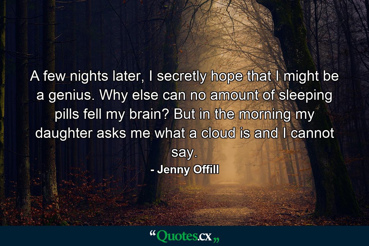 A few nights later, I secretly hope that I might be a genius. Why else can no amount of sleeping pills fell my brain? But in the morning my daughter asks me what a cloud is and I cannot say. - Quote by Jenny Offill