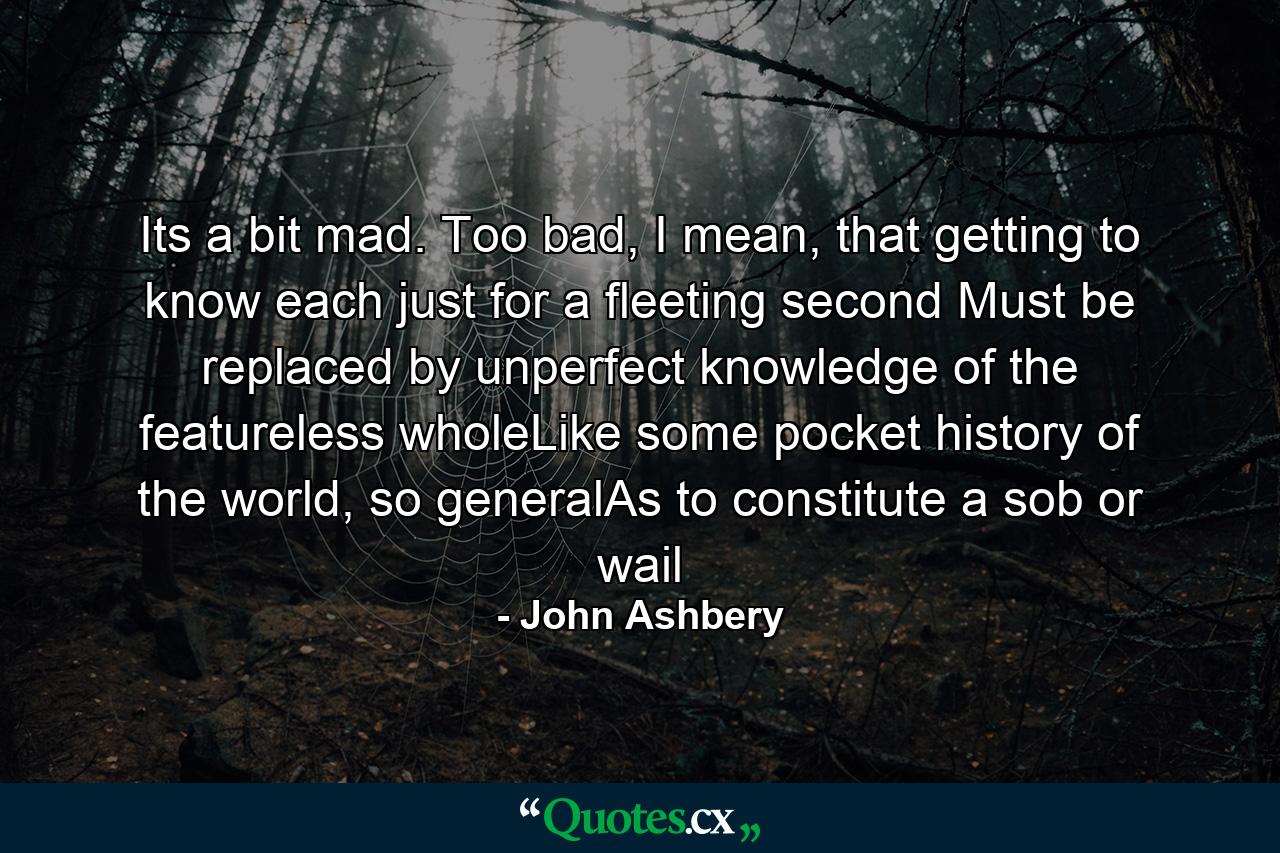 Its a bit mad. Too bad, I mean, that getting to know each just for a fleeting second Must be replaced by unperfect knowledge of the featureless wholeLike some pocket history of the world, so generalAs to constitute a sob or wail - Quote by John Ashbery