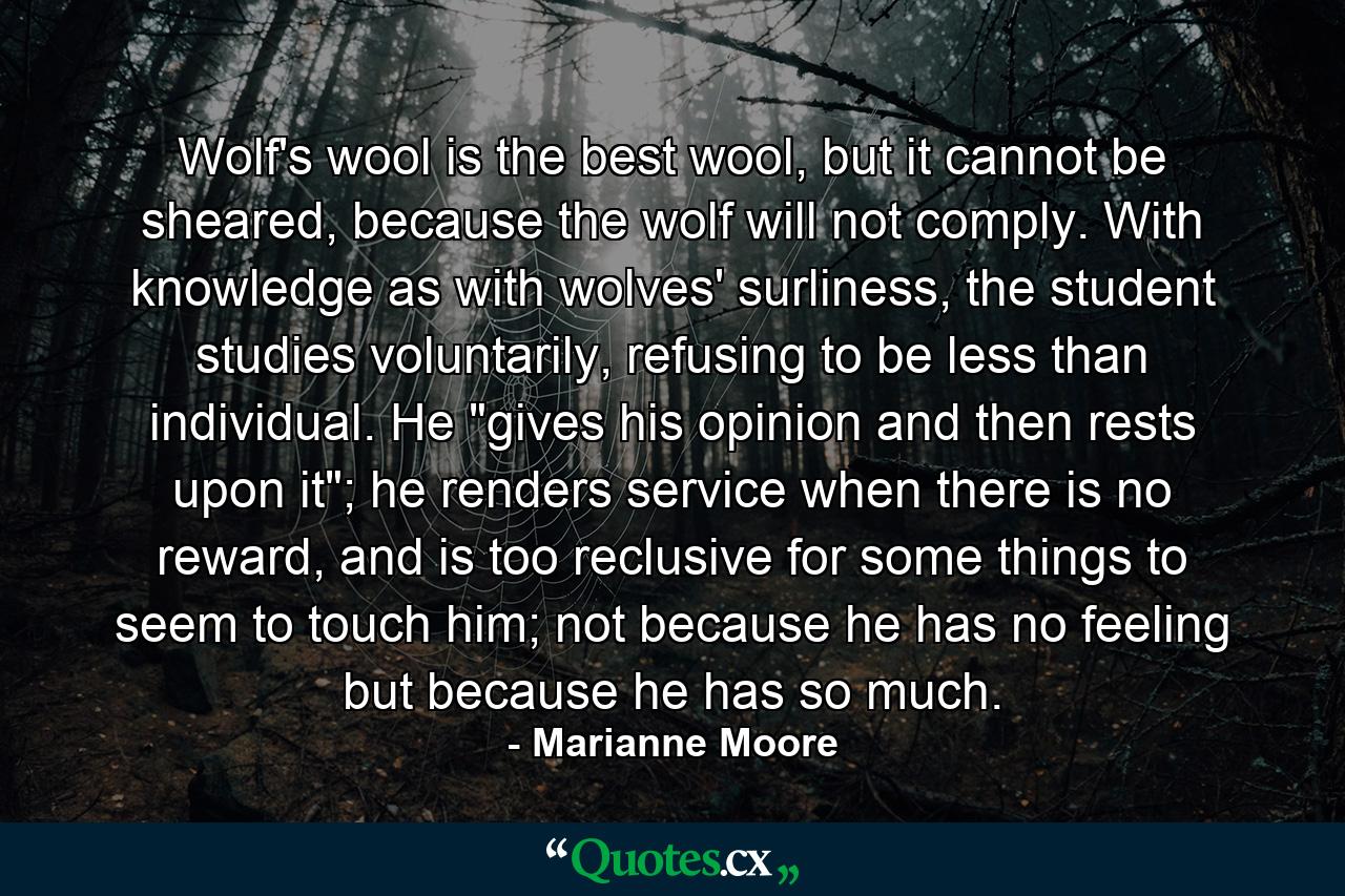 Wolf's wool is the best wool, but it cannot be sheared, because the wolf will not comply. With knowledge as with wolves' surliness, the student studies voluntarily, refusing to be less than individual. He 