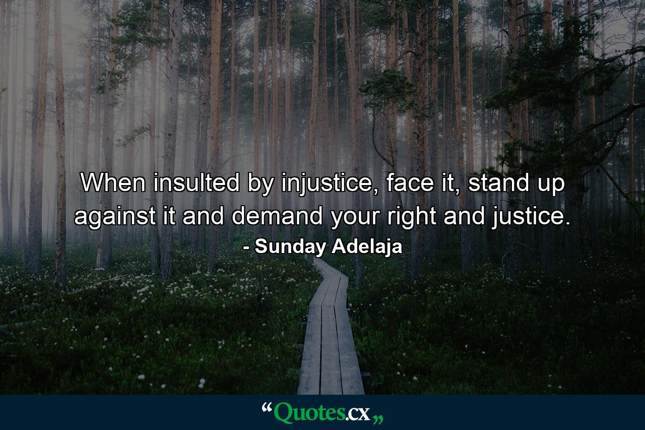 When insulted by injustice, face it, stand up against it and demand your right and justice. - Quote by Sunday Adelaja