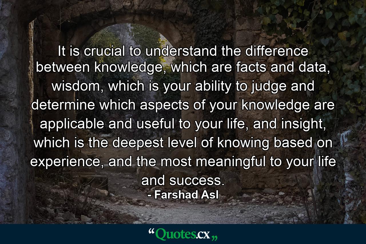 It is crucial to understand the difference between knowledge, which are facts and data, wisdom, which is your ability to judge and determine which aspects of your knowledge are applicable and useful to your life, and insight, which is the deepest level of knowing based on experience, and the most meaningful to your life and success. - Quote by Farshad Asl