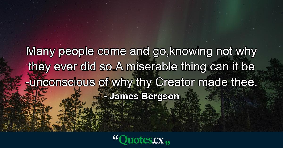 Many people come and go,knowing not why they ever did so.A miserable thing can it be -unconscious of why thy Creator made thee. - Quote by James Bergson