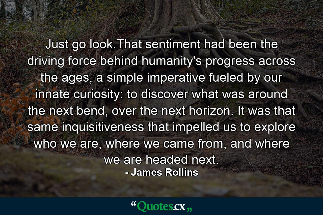 Just go look.That sentiment had been the driving force behind humanity's progress across the ages, a simple imperative fueled by our innate curiosity: to discover what was around the next bend, over the next horizon. It was that same inquisitiveness that impelled us to explore who we are, where we came from, and where we are headed next. - Quote by James Rollins