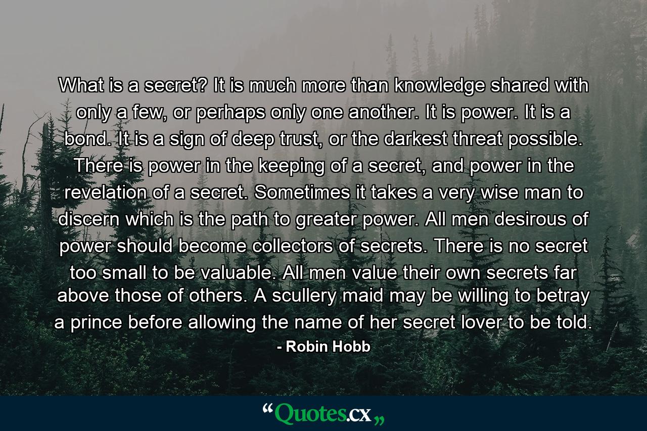 What is a secret? It is much more than knowledge shared with only a few, or perhaps only one another. It is power. It is a bond. It is a sign of deep trust, or the darkest threat possible. There is power in the keeping of a secret, and power in the revelation of a secret. Sometimes it takes a very wise man to discern which is the path to greater power. All men desirous of power should become collectors of secrets. There is no secret too small to be valuable. All men value their own secrets far above those of others. A scullery maid may be willing to betray a prince before allowing the name of her secret lover to be told. - Quote by Robin Hobb