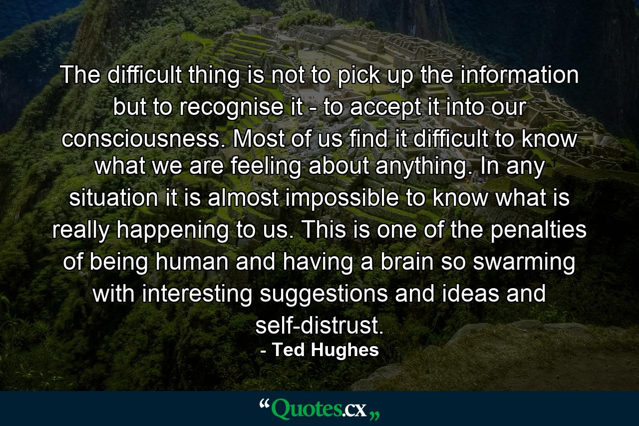 The difficult thing is not to pick up the information but to recognise it - to accept it into our consciousness. Most of us find it difficult to know what we are feeling about anything. In any situation it is almost impossible to know what is really happening to us. This is one of the penalties of being human and having a brain so swarming with interesting suggestions and ideas and self-distrust. - Quote by Ted Hughes