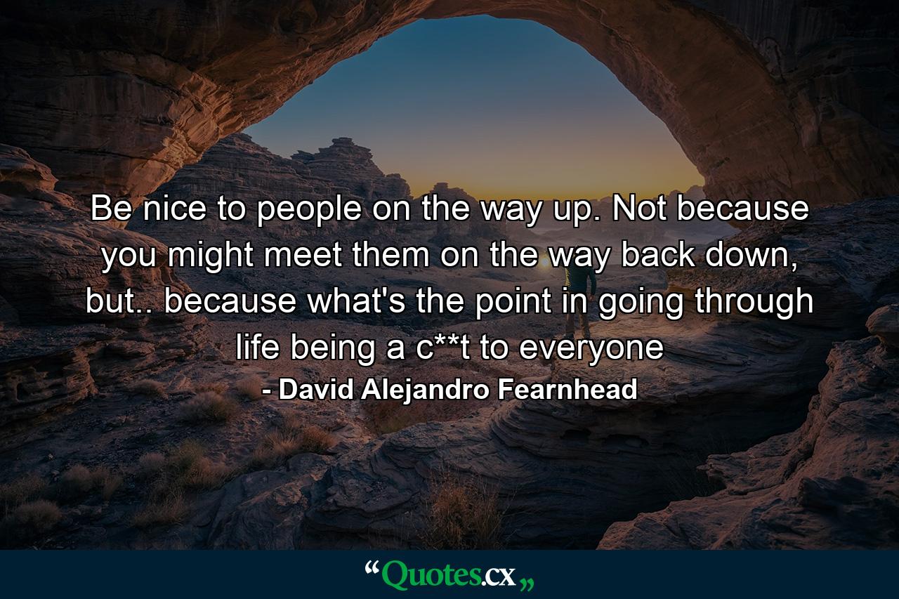 Be nice to people on the way up. Not because you might meet them on the way back down, but.. because what's the point in going through life being a c**t to everyone - Quote by David Alejandro Fearnhead