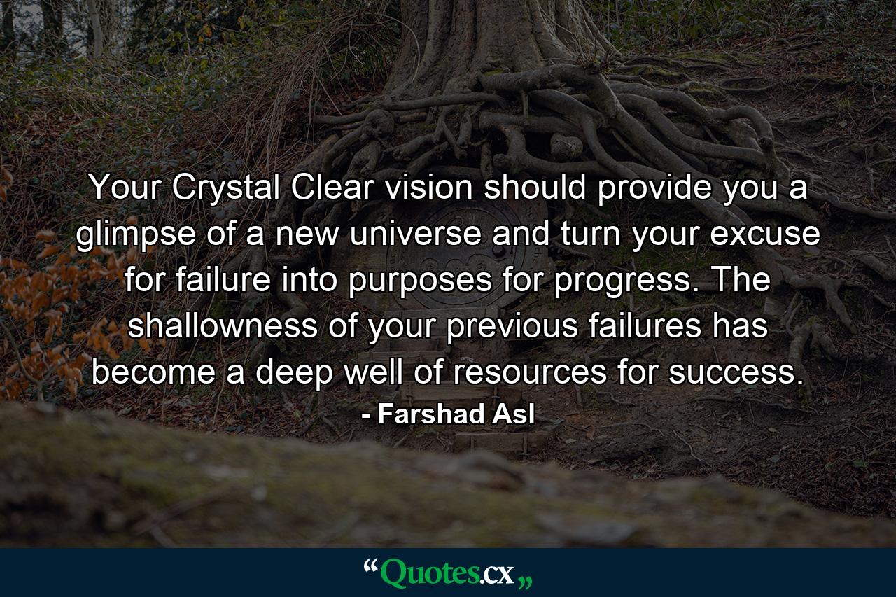 Your Crystal Clear vision should provide you a glimpse of a new universe and turn your excuse for failure into purposes for progress. The shallowness of your previous failures has become a deep well of resources for success. - Quote by Farshad Asl