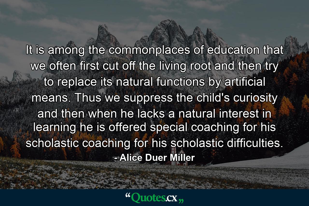 It is among the commonplaces of education that we often first cut off the living root and then try to replace its natural functions by artificial means. Thus we suppress the child's curiosity and then when he lacks a natural interest in learning he is offered special coaching for his scholastic coaching for his scholastic difficulties. - Quote by Alice Duer Miller