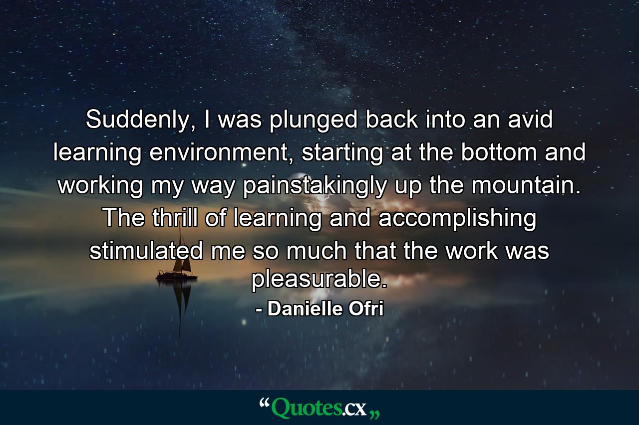 Suddenly, I was plunged back into an avid learning environment, starting at the bottom and working my way painstakingly up the mountain. The thrill of learning and accomplishing stimulated me so much that the work was pleasurable. - Quote by Danielle Ofri