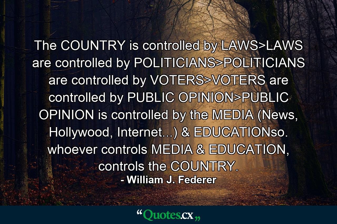 The COUNTRY is controlled by LAWS>LAWS are controlled by POLITICIANS>POLITICIANS are controlled by VOTERS>VOTERS are controlled by PUBLIC OPINION>PUBLIC OPINION is controlled by the MEDIA (News, Hollywood, Internet...) & EDUCATIONso. whoever controls MEDIA & EDUCATION, controls the COUNTRY. - Quote by William J. Federer