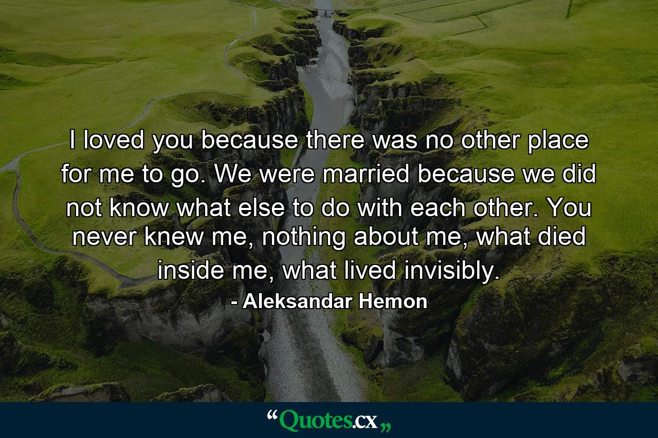 I loved you because there was no other place for me to go. We were married because we did not know what else to do with each other. You never knew me, nothing about me, what died inside me, what lived invisibly. - Quote by Aleksandar Hemon