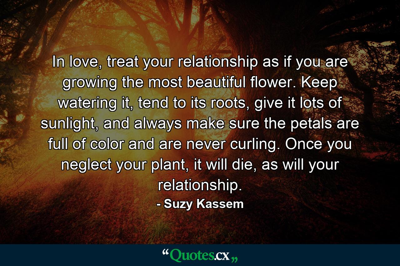 In love, treat your relationship as if you are growing the most beautiful flower. Keep watering it, tend to its roots, give it lots of sunlight, and always make sure the petals are full of color and are never curling. Once you neglect your plant, it will die, as will your relationship. - Quote by Suzy Kassem