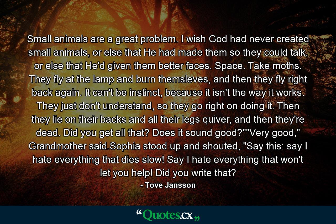 Small animals are a great problem. I wish God had never created small animals, or else that He had made them so they could talk, or else that He'd given them better faces. Space. Take moths. They fly at the lamp and burn themsleves, and then they fly right back again. It can't be instinct, because it isn't the way it works. They just don't understand, so they go right on doing it. Then they lie on their backs and all their legs quiver, and then they're dead. Did you get all that? Does it sound good?