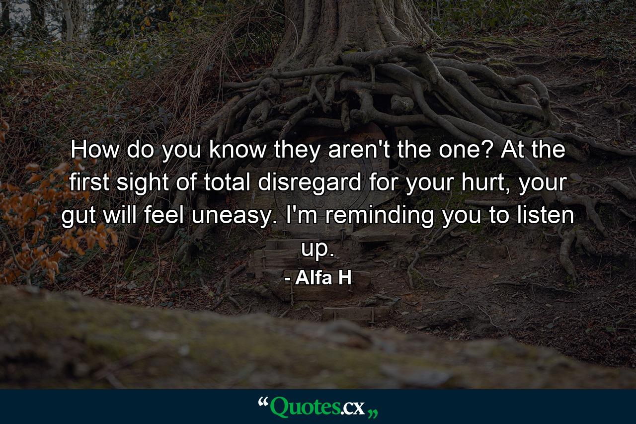 How do you know they aren't the one? At the first sight of total disregard for your hurt, your gut will feel uneasy. I'm reminding you to listen up. - Quote by Alfa H