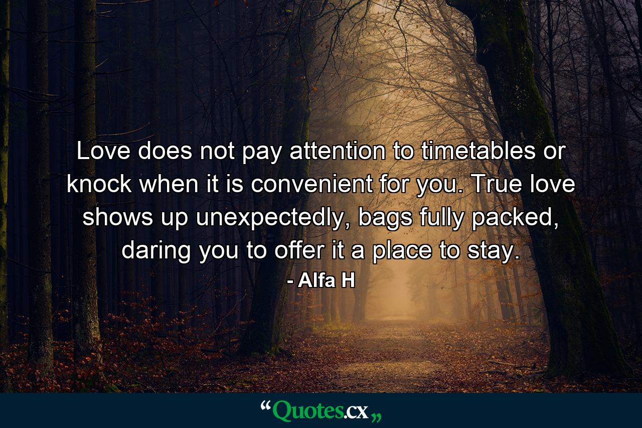 Love does not pay attention to timetables or knock when it is convenient for you. True love shows up unexpectedly, bags fully packed, daring you to offer it a place to stay. - Quote by Alfa H