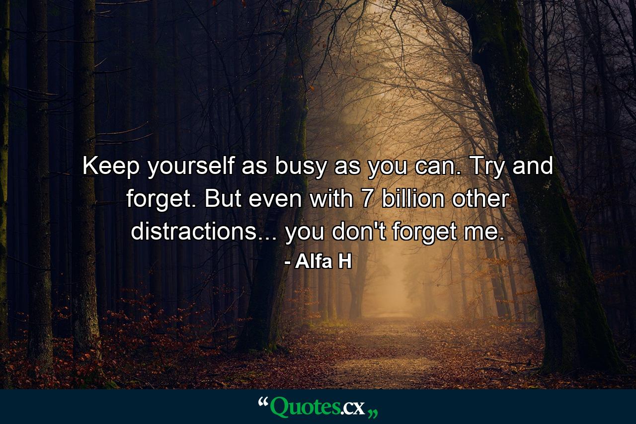 Keep yourself as busy as you can. Try and forget. But even with 7 billion other distractions... you don't forget me. - Quote by Alfa H