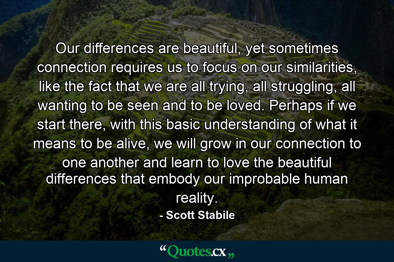 Our differences are beautiful, yet sometimes connection requires us to focus on our similarities, like the fact that we are all trying, all struggling, all wanting to be seen and to be loved. Perhaps if we start there, with this basic understanding of what it means to be alive, we will grow in our connection to one another and learn to love the beautiful differences that embody our improbable human reality. - Quote by Scott Stabile